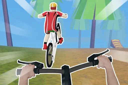 Vista em primeira pessoa de um ciclista segurando o guidão, enquanto outro ciclista salta à frente em uma pista no meio da floresta. Imagem promocional de um jogo de corrida de bicicleta com gráficos em 3D e modo desafio com obstáculos.
